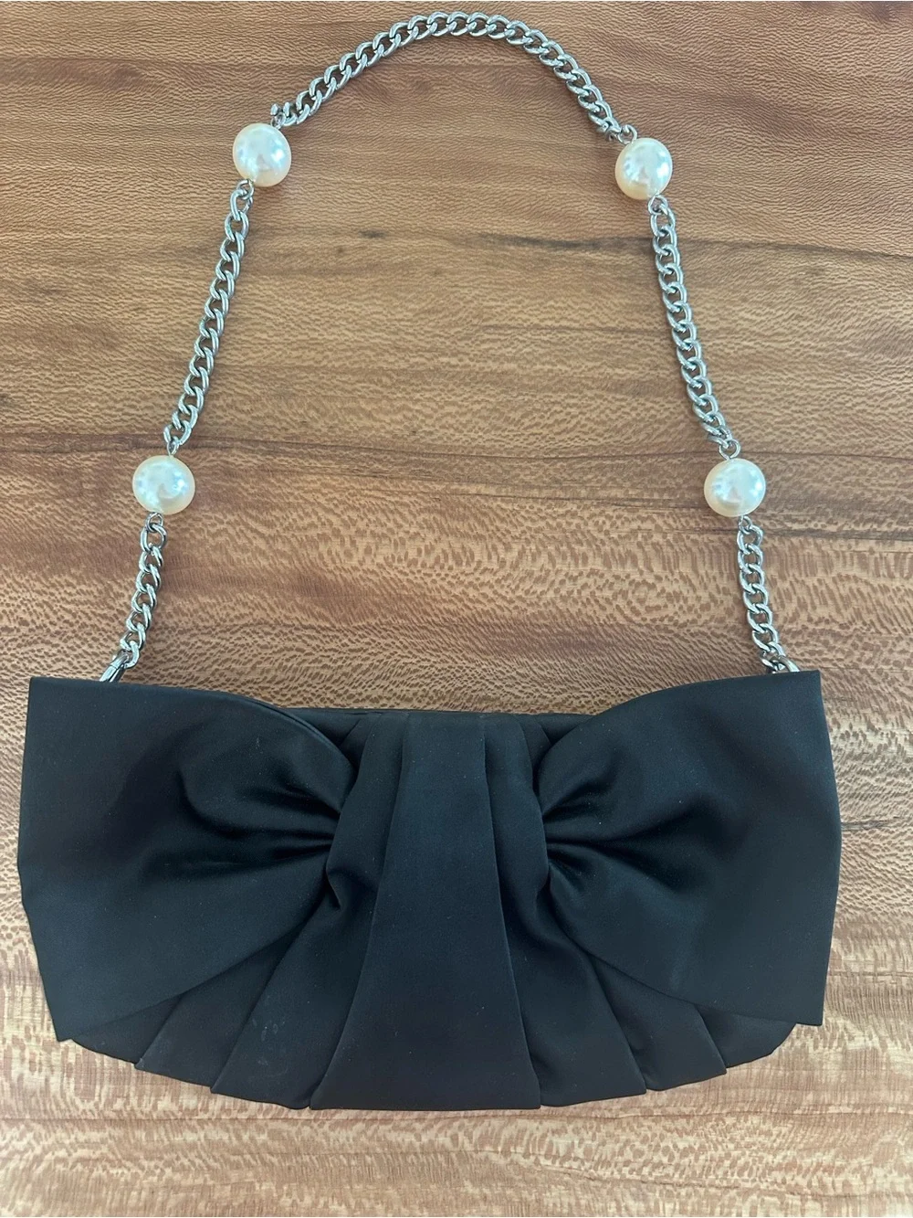 White House Black Market Black Bow-Front Evening Shoulder Bag with Pearl Chain
